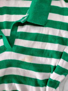 Green &amp; White Striped Polo T-Shirt