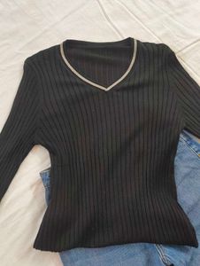 Black Ribbed V-Neck Top
