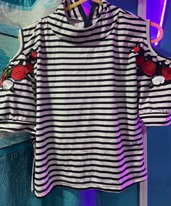 Striped Cold-Shoulder Top with Rose Embroidery