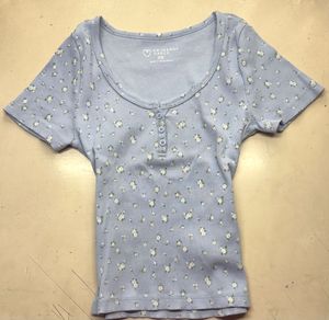 Light Blue Floral Ribbed Henley Top