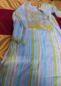 Striped Kurta with Embellished Neckline