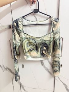 Marble Print Mesh Long Sleeve Crop Top