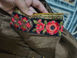 Embroidered yellow and charcoal Silk Saree