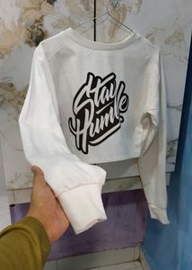 White 'Stay Humble' Cropped Long Sleeve Tee