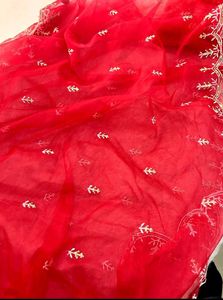 Red Kurta Set with Intricate White Lace Neckline