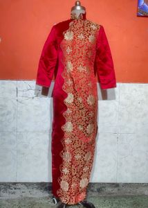 Elegant Red & Gold Brocade Gown