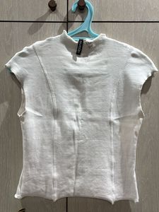White Ribbed Sleeveless Mock Neck Top