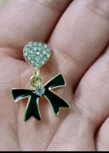Korean Black Bow Studded Heart Earrings