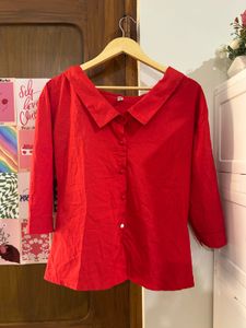 Red Button-Up Collared Blouse