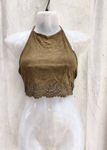 I. Brown Suede Cut-out Crop Top
