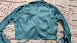 Satin Ruched Tie-Front Crop Shirt