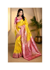 Stunning Yellow & Pink Silk Saree