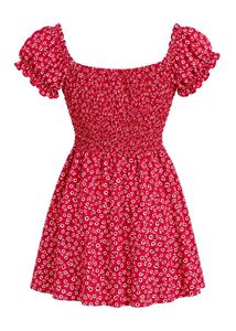 Red floral mini dress with a cute, feminine fit.