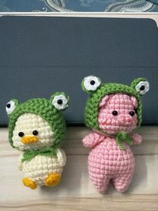 Crocheted Duck & Pig Toys with Frog Hats