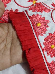 Embroidered White &amp; Red Kurti