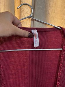 Maroon Ribbed Square-Neck Long Sleeve Top