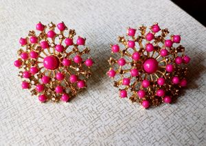 Beautiful Pink Round Earing with Gold Color Stone