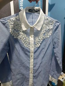 Elegant Blue Lace Detail Button-Up Shirt