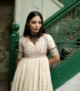 Cotton Anarkali Kurti Set with Mirror Embroidery &
