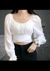 combo of two white puff sleeve and blue ribbed top