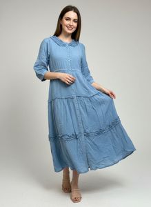 Blue Tiered Midi Dress with Ruffle Collar