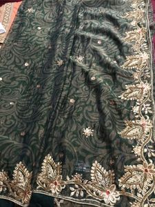 hand work saree mehandi color