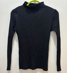 High Neck Black Ribbed Knit Top