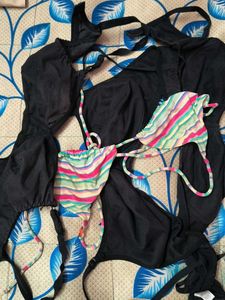 Striped &amp; Black Bikini Top Set