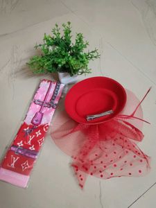 Combo Set Red Fascinator Hat &amp; LV Style Scarf