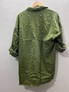 Chic Pearl Embellished Oversized Shirt