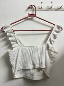 White Ruffled Ribbed Crop Top