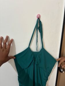 Elegant Teal Ruched Halter Neck Dress