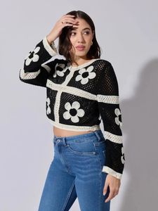 Black &amp; White Crochet Flower Cardigan