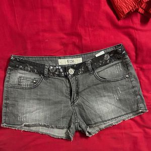 Stylish Grey Denim Shorts with Sequins