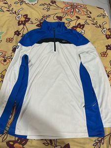 unisex White & Blue Zip Neck Long Sleeve Shirt