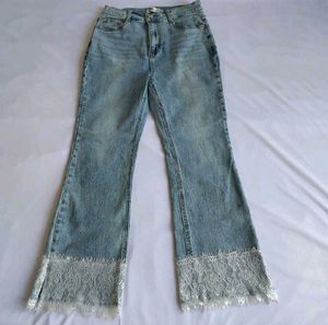 Light Wash Flare Jeans with Lace Trim