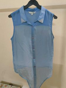Sheer Blue Sleeveless Button-Up Top