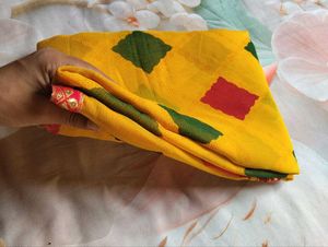 Vibrant Yellow Saree with Red &amp; Green Blocks