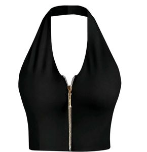Chic Black Halter Neck Zip Crop Top