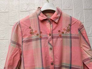 New with tag Korean Chic Embroidered Plaid Shirt