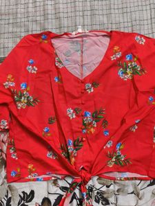 Red Floral Wrap Top
