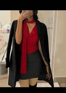 Chic Red Drape Top with Scarf