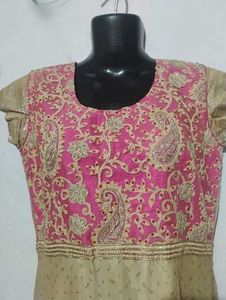 Elegant Pink &amp; Gold Anarkali Gown