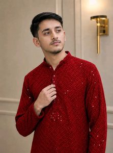 ❣️✨ Luxury Men's Red Sequined Kurta