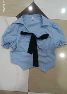 Chic Blue Puff Sleeve Top with Black Bow