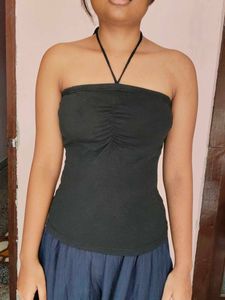 Black Ruched Halter Neck Tube Top