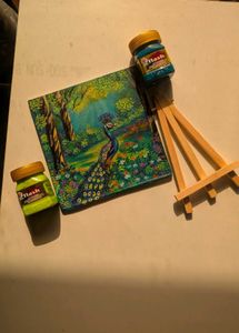 Mini peacock Landscape painting with wooden stand