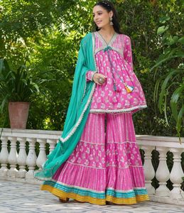 Elegant Pink Floral Kurta Sharara Set