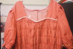 Coral Textured Midi Dress with Pearl Detail