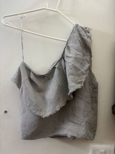 Zara Linen One Shoulder Top with Ruffle Detail